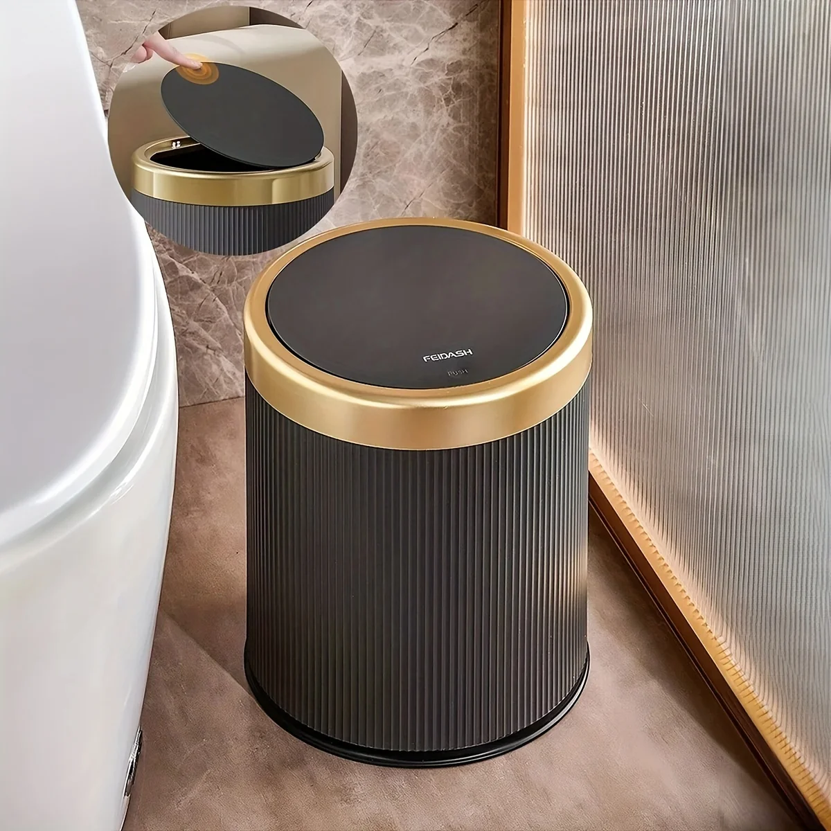Trash Can Round Design Press Drop Lid Waste Bin - Image 2