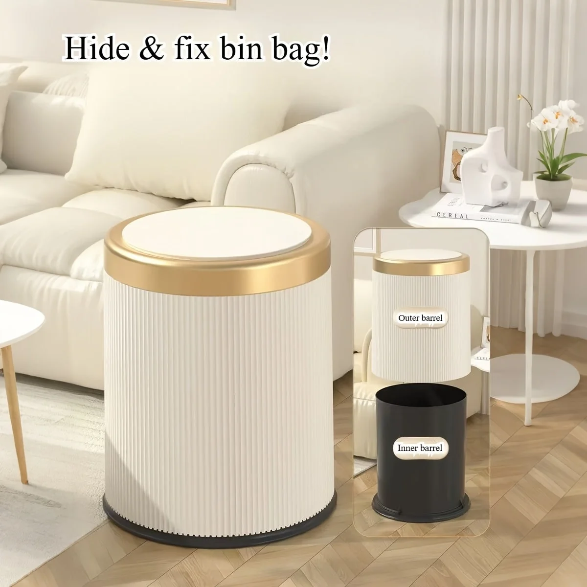 Trash Can Round Design Press Drop Lid Waste Bin - Image 9